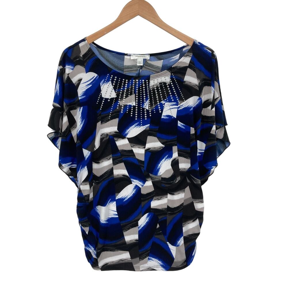 Dressbarn Blouse Top Womens Medium Geo Print Dolman Sleeve Round Neck Beaded